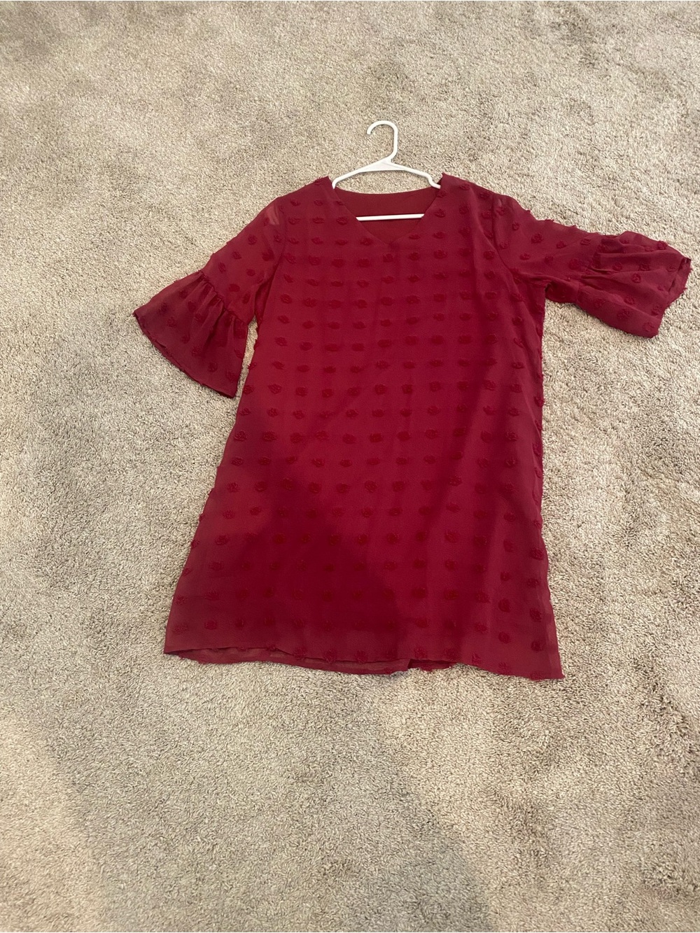 Women’s Burgundy Swiss Dot Bell-Sleeve Dress